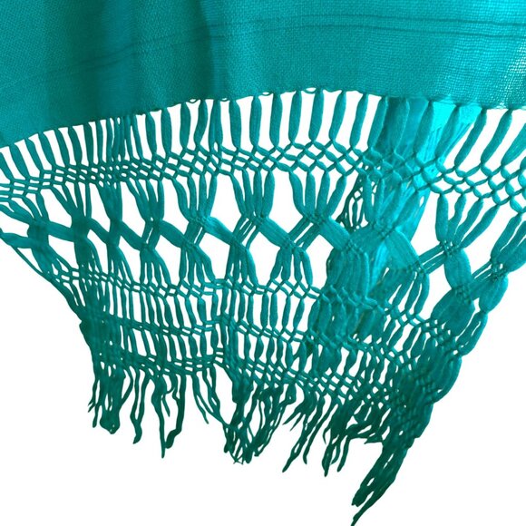 Vintage Teal Woven Shawl With Intricate Macramé Fringe 91x23.5" HS241 - Picture 6 of 6
